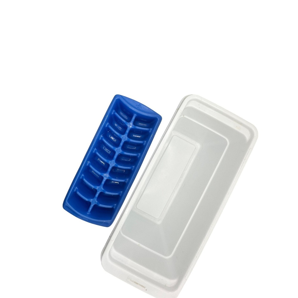Vintage Rubbermaid Ice Cube Tray Set 4 Blue Trays with White Storage Bin